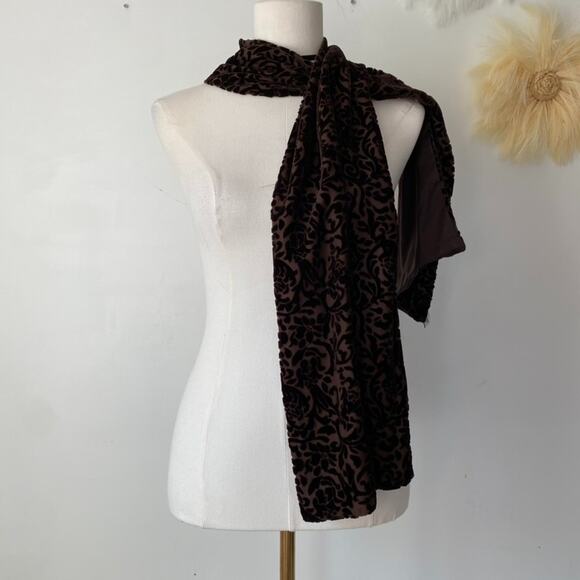 Valerie Stevens Womens Velvet Burnout Scarf Whimsigoth Y2K Silk Blend Brown Goth - Picture 3 of 10